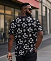 Big & Tall Men's Black Geometric Alphabet Print Henry Collar Button Short Sleeve Tee